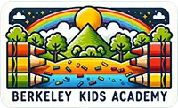 Berkeley Kids Academy logo with a field that has a rainbow and a sun above it and crayons coming in from the sides. At the bottom is says Berkeley Kids Academy.